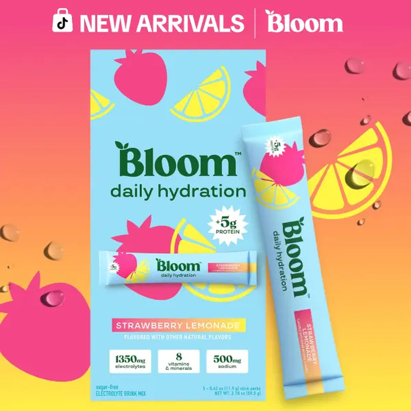 New - Bloom Nutrition Daily Hydration Sticks (5 Sticks) - 1350Mg Electrolytes, 5G Clear Whey Protein & Collagen, 8 Key Vitamins, Sugar-Free Drink Mix for Hydration, Recovery & Skin Health